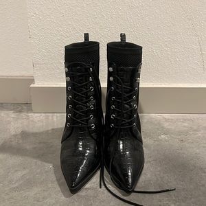 Black Steve Madden Patent Leather Lace Up Booties